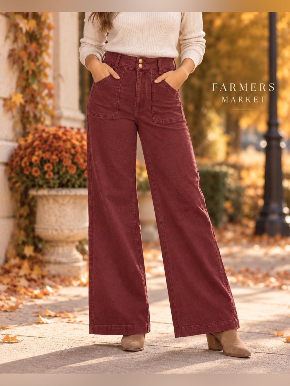 Farmers Market Wide-Leg Crop Pants Double Button Burgundy Size 14
